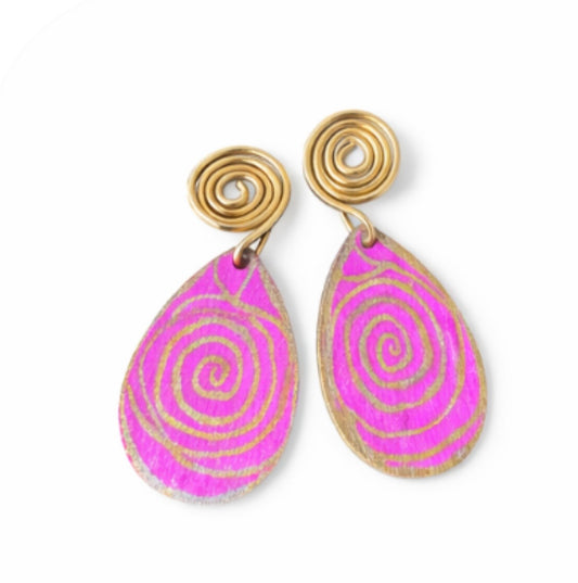 Afrocentric pink and gold spiral wooden statement earrings on white background lightweight handmade jewelry