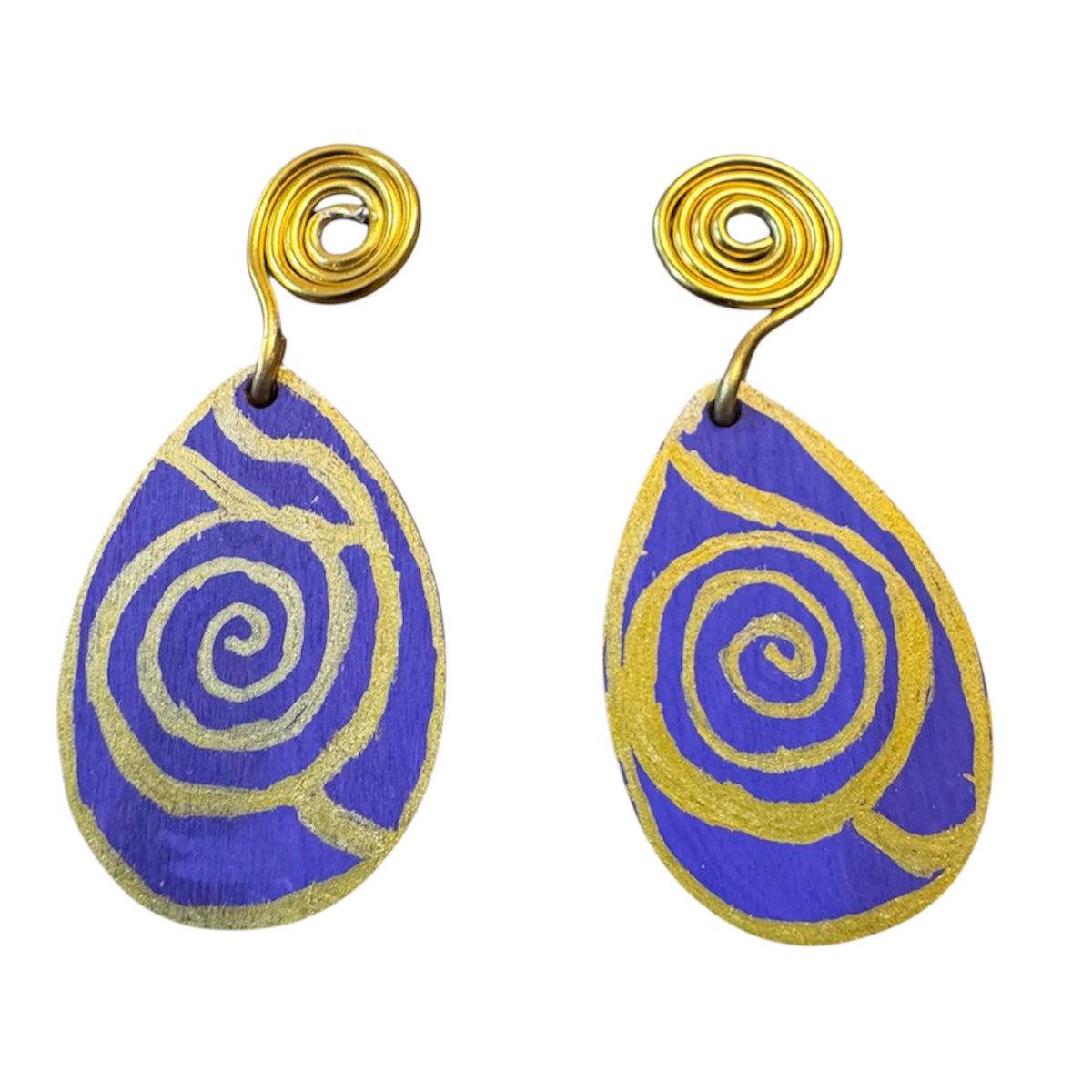 Afrocentric purple and gold spiral drop earrings on clean white background handmade wooden statement jewelry