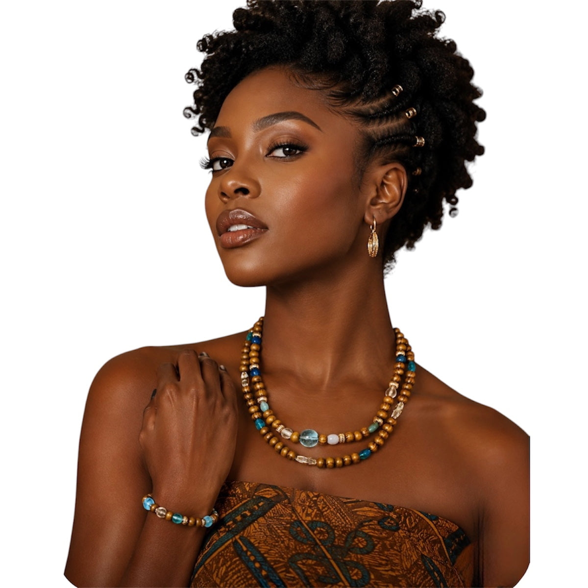 Black woman wearing handmade Afrocentric turquoise earth harmony necklace set featuring brown wood beads, turquoise blue glass beads, and gold accent beads.