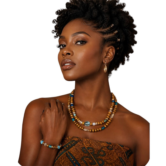 Black woman wearing handmade Afrocentric turquoise earth harmony necklace set featuring brown wood beads, turquoise blue glass beads, and gold accent beads.