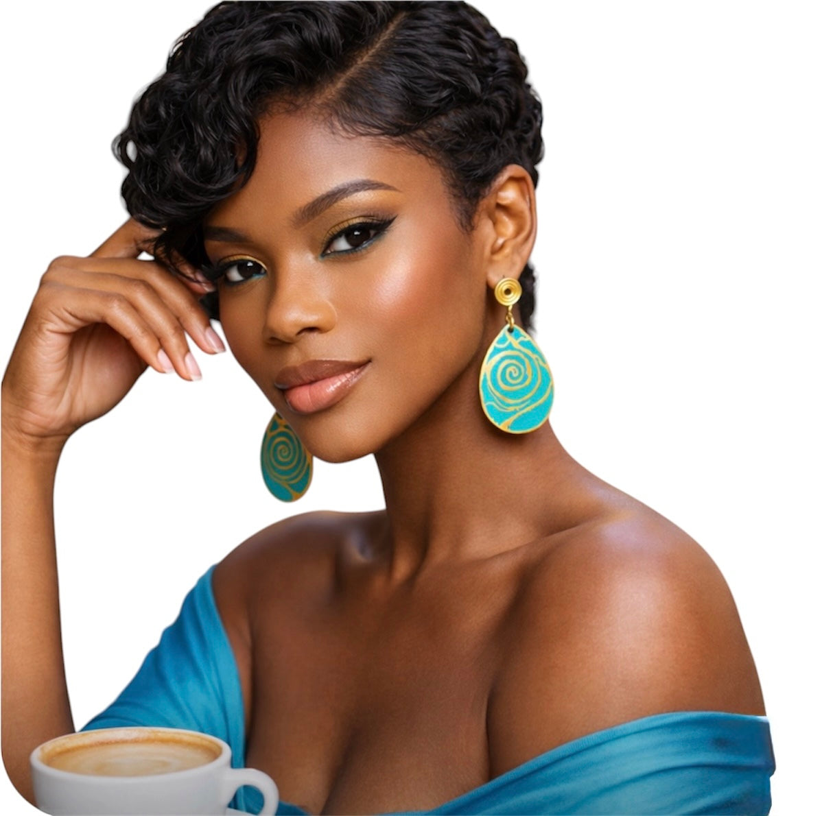 Dark skin woman wearing turquoise and gold Afrocentric statement earrings with clean white background lifestyle image