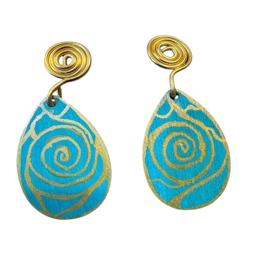 Afrocentric turquoise and gold spiral drop earrings on clean white background handcrafted wooden statement jewelry