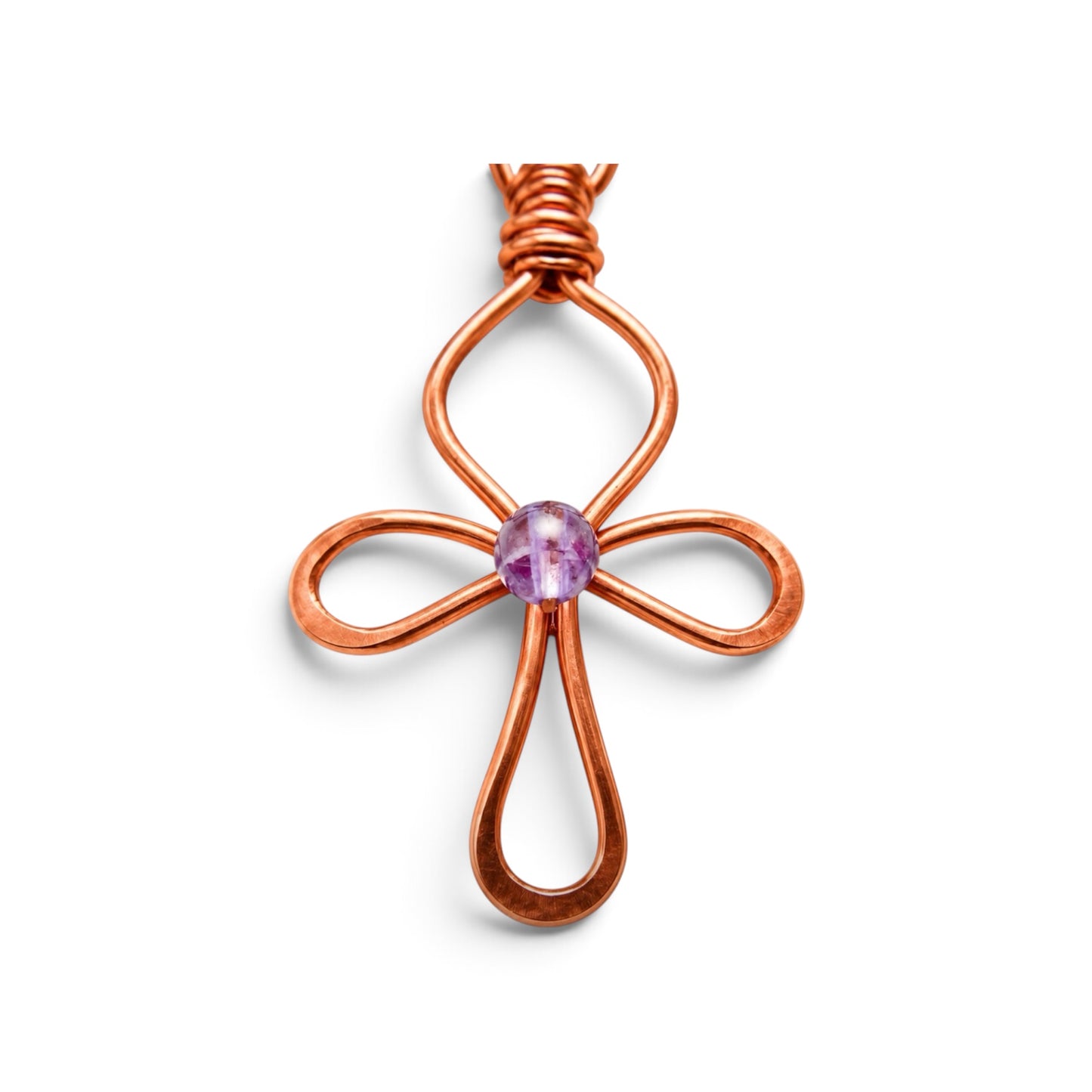 Close up of handmade pure copper Ankh pendant with lavender center bead