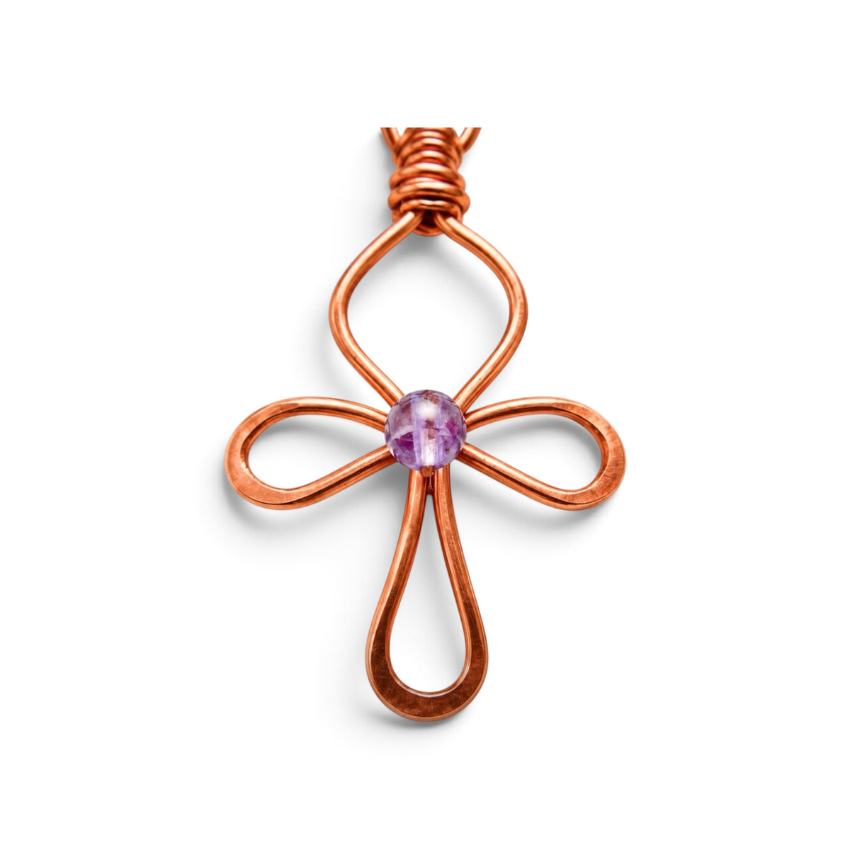 Close up of handmade pure copper Ankh pendant with lavender center bead