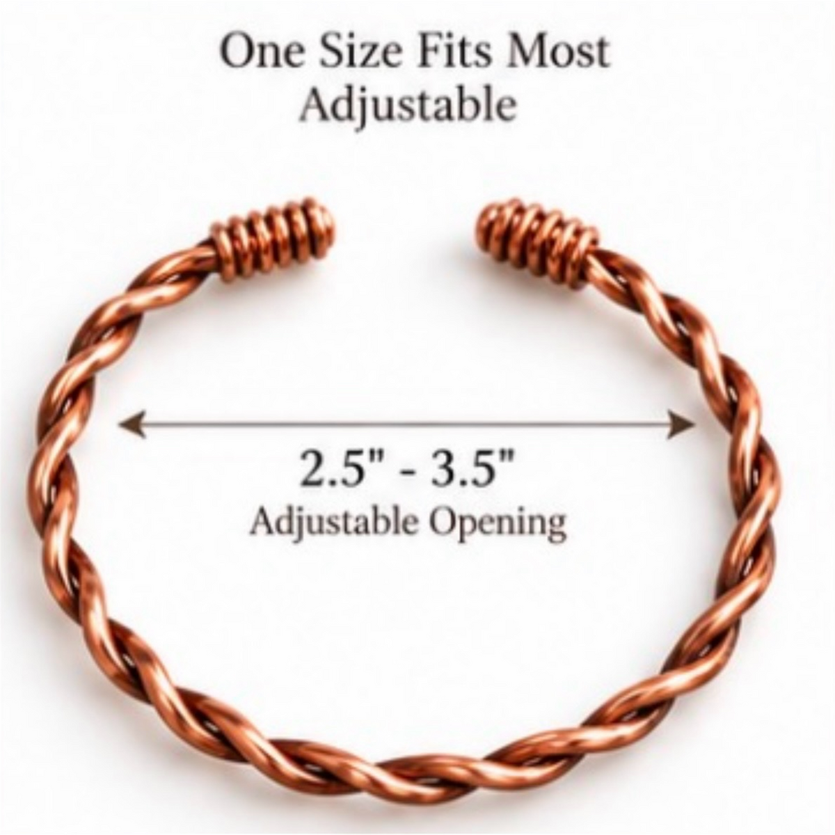 Adjustable handmade copper bracelet shown with measurement guide for sizing
