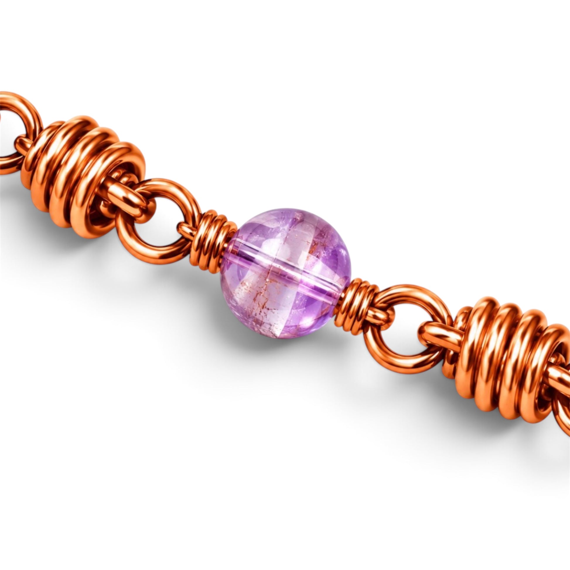 Handmade copper necklace links with translucent lavender bead close up