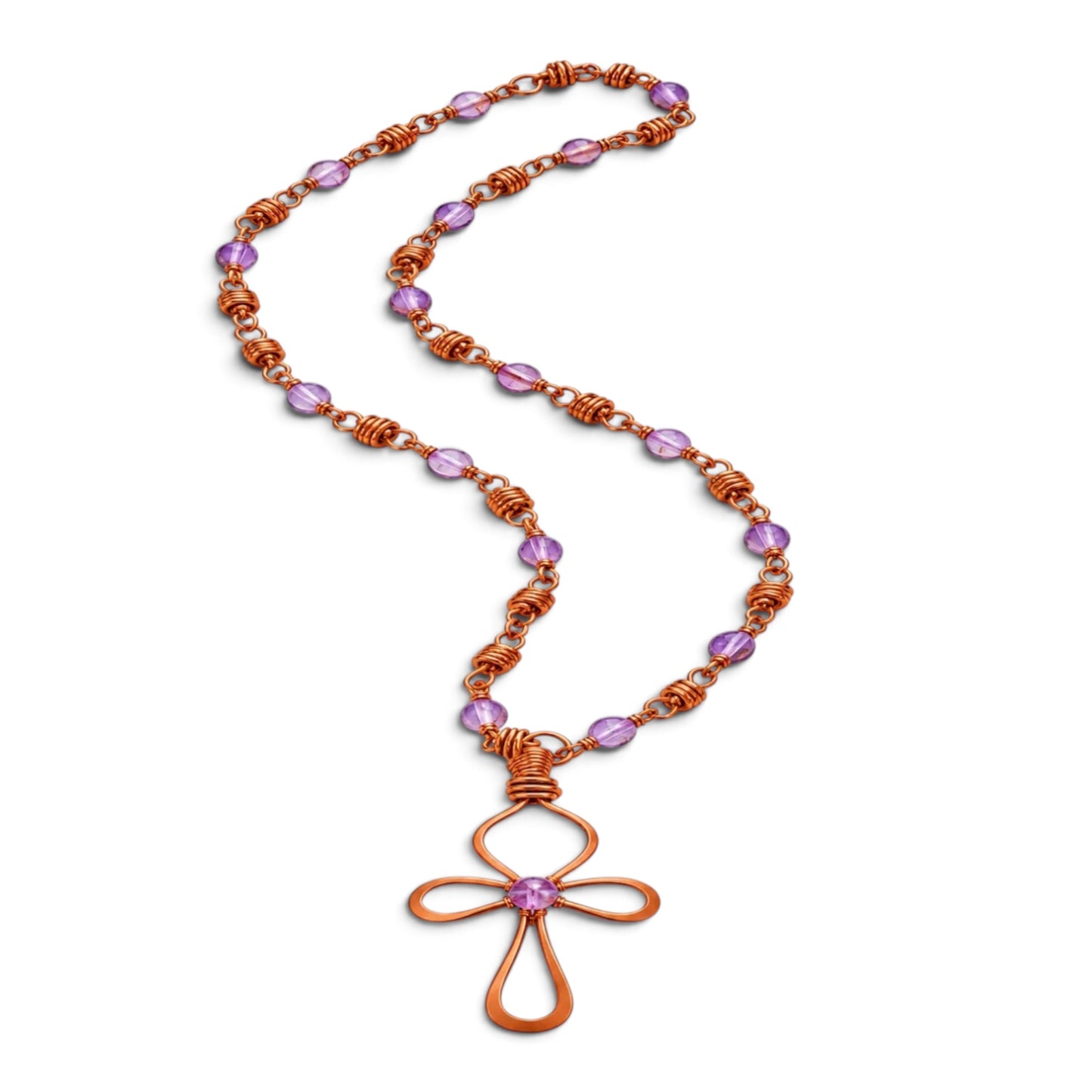 Handmade copper Ankh necklace with lavender beads and pure copper links