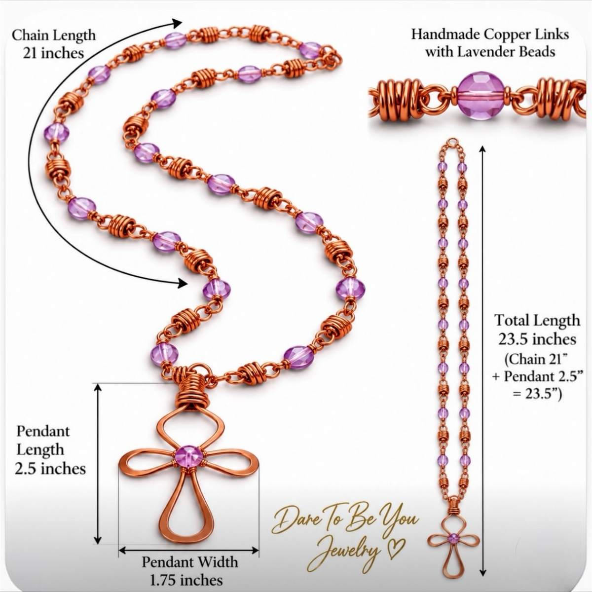 Handmade pure copper Ankh cross necklace with lavender purple beads, featuring a 21 inch handcrafted copper chain, 2.5 inch pendant and 23.5 inch total length. Detailed jewelry measurement guide by Dare To Be You Jewelry.