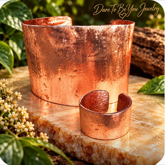 Handmade hammered pure copper cuff bracelet and matching ring set by Dare To Be You Jewelry