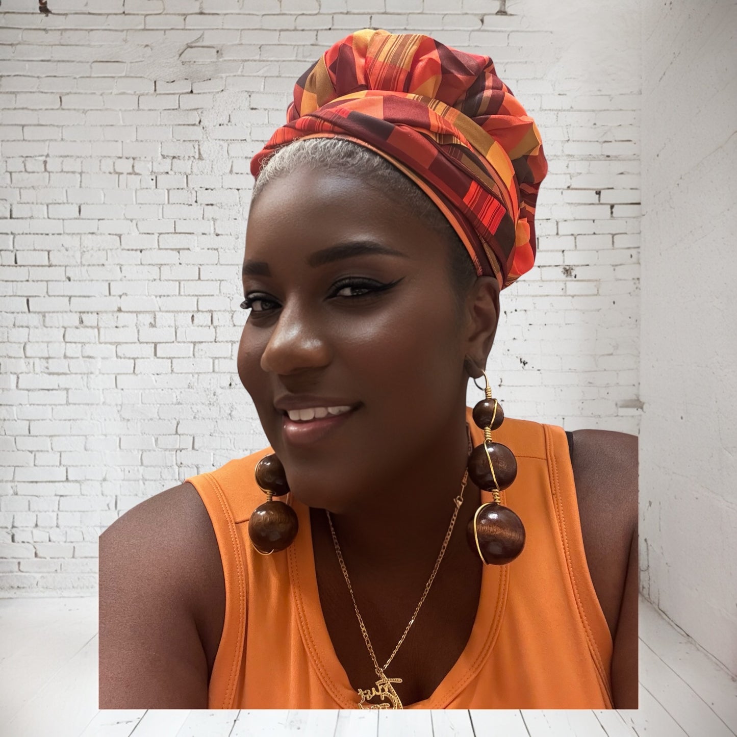 African Orange Checkered Printed Headwrap With Silk Lining