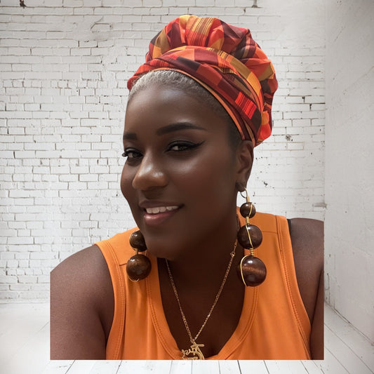African Orange Checkered Printed Headwrap With Silk Lining