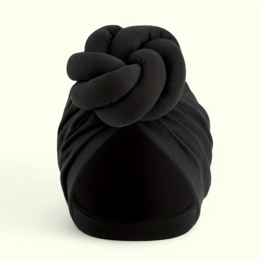 Black turban head wrap, featuring a luxurious textured feeling