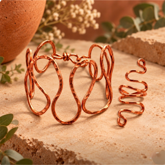 Infinite Flow handmade pure copper bracelet and adjustable ring set featuring a hammered infinity-inspired design displayed on a warm earthy background with greenery.