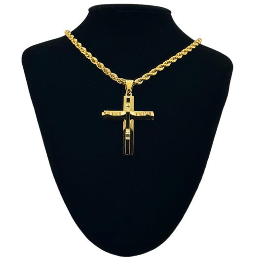 316L Stainless Steel Gold Twisted Rope Cross Pendant Chain Necklace