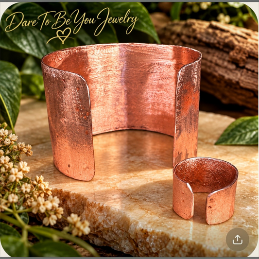 Back view of handmade pure copper cuff bracelet and ring showing open handcrafted design