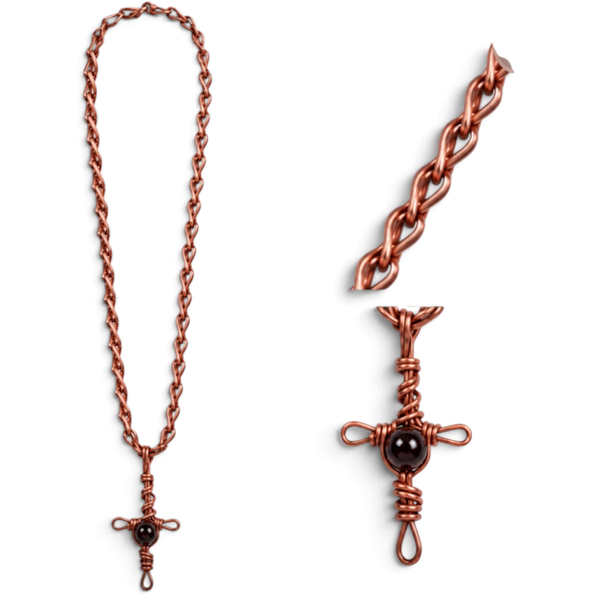Close up of handmade pure copper necklace links and black glass bead pendant