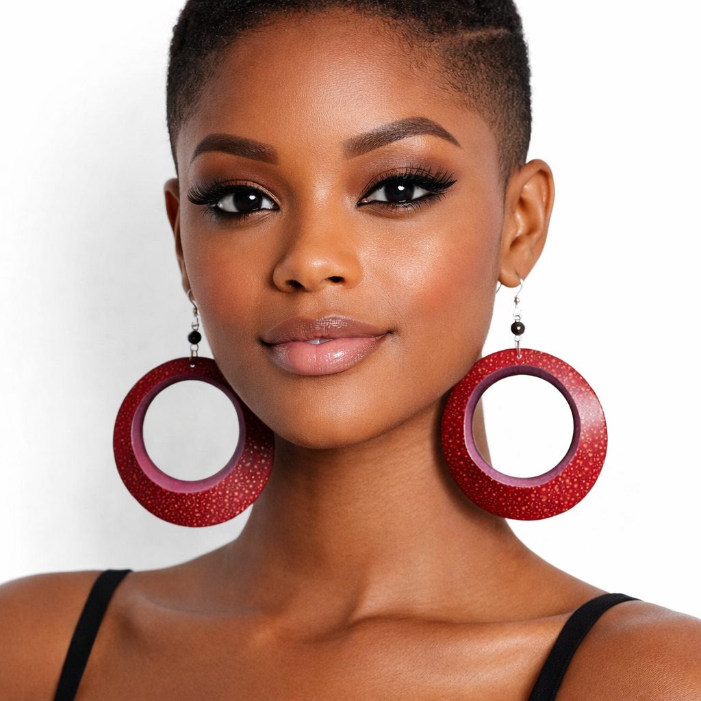 Brown skin woman facing forward wearing handmade red calabash statement earrings