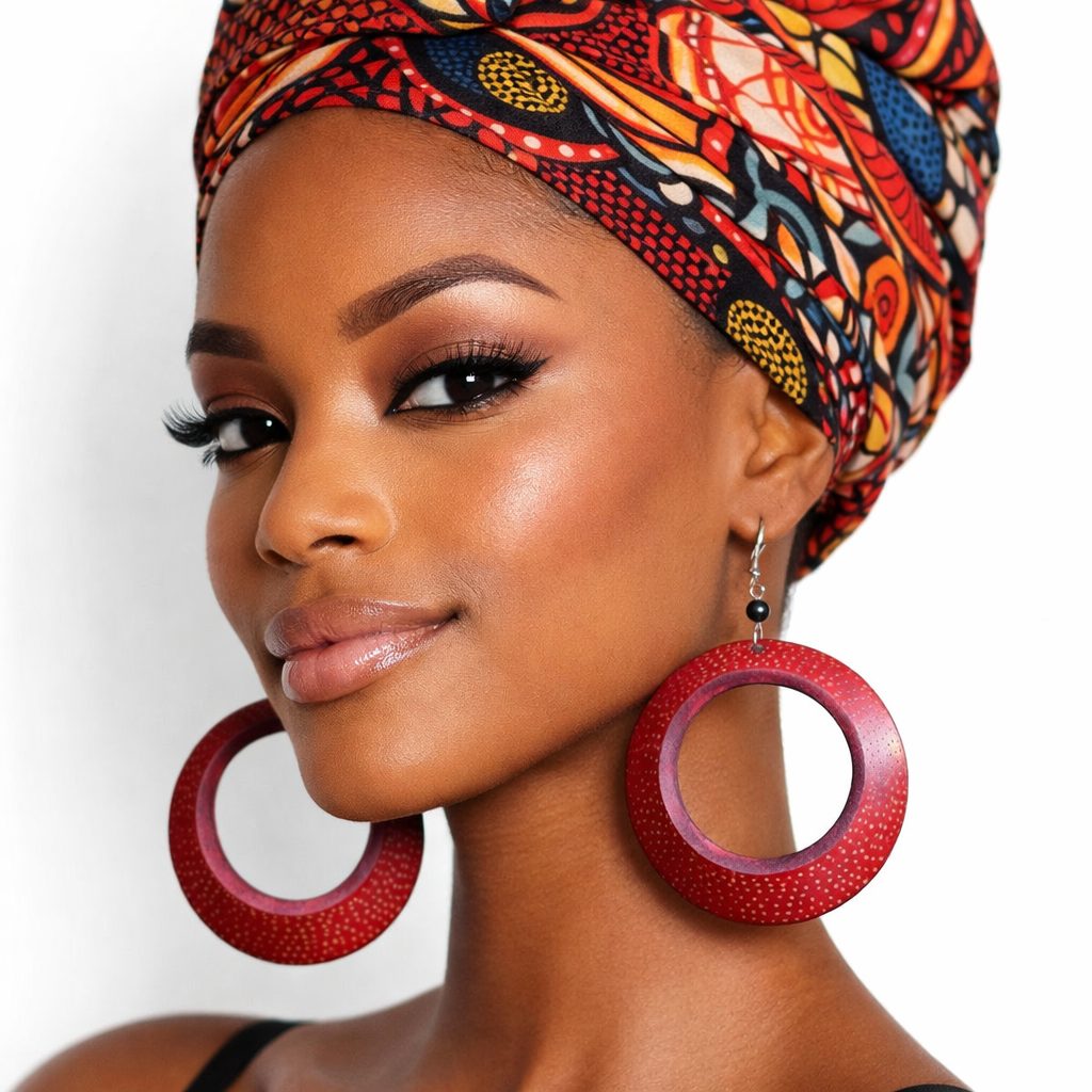Brown skin woman wearing handmade red calabash statement earrings with patterned headwrap