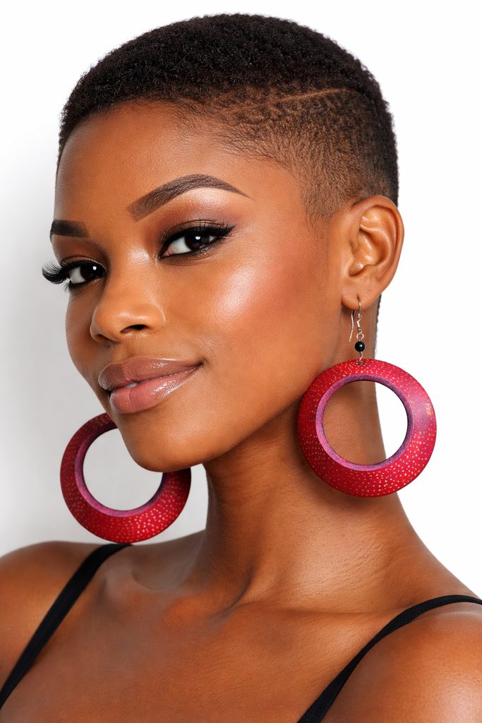Brown skin woman with short hair wearing handmade red calabash statement earrings
